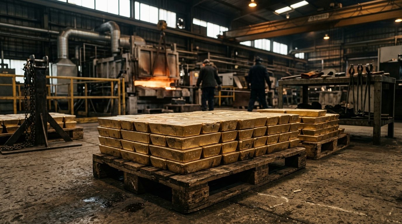 Gold doré bars stacked inside an industrial refining facility