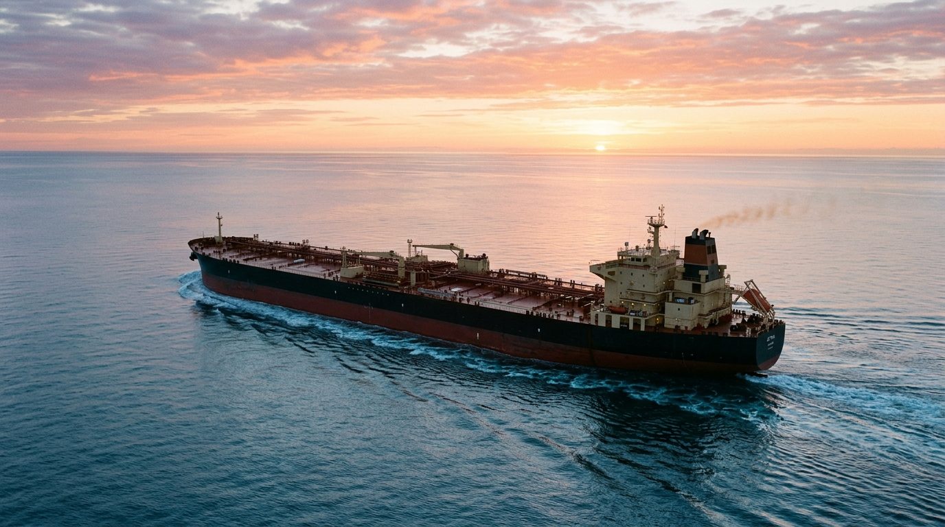 A modern crude oil tanker underway on a calm sea at dawn