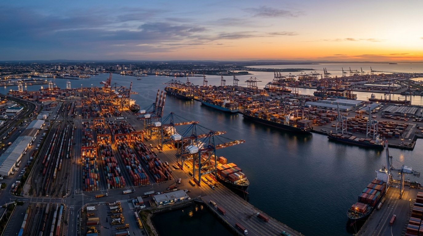 Aerial panorama of a large international commercial port at dawn