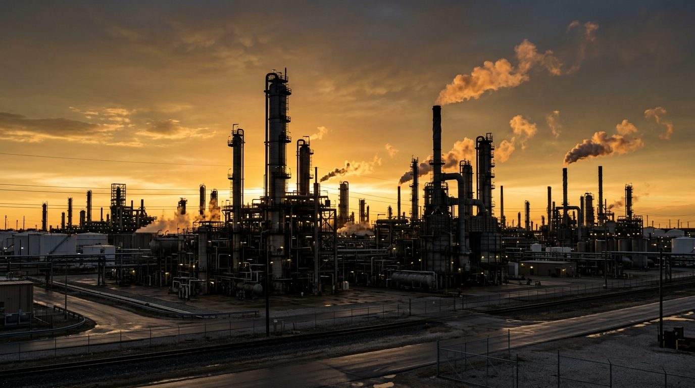 Petroleum refinery silhouetted against a warm dusk sky