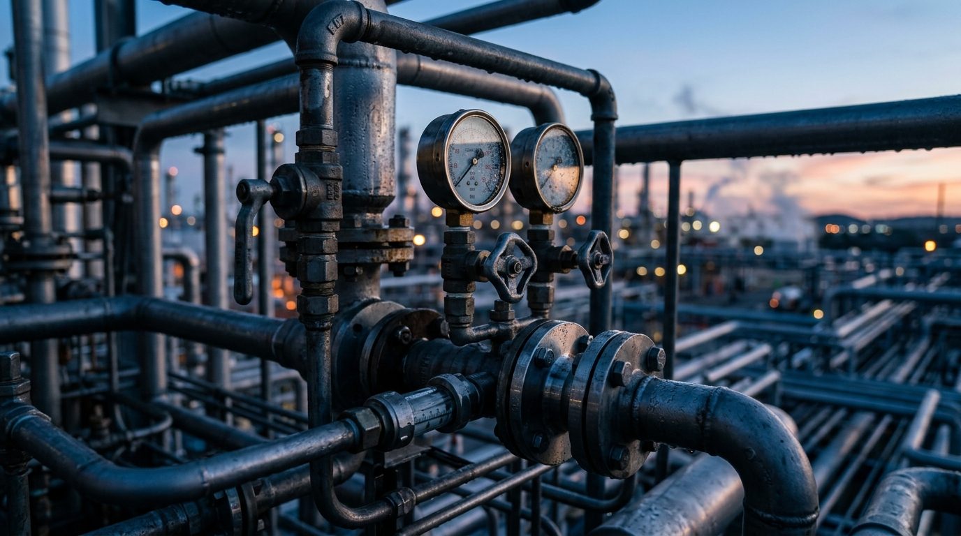 Close-up of interlocking piping at a modern petroleum refinery