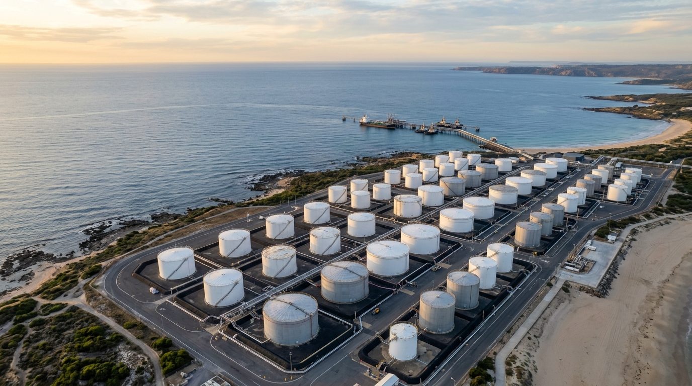 Aerial view of a coastal petroleum storage tank farm at dawn